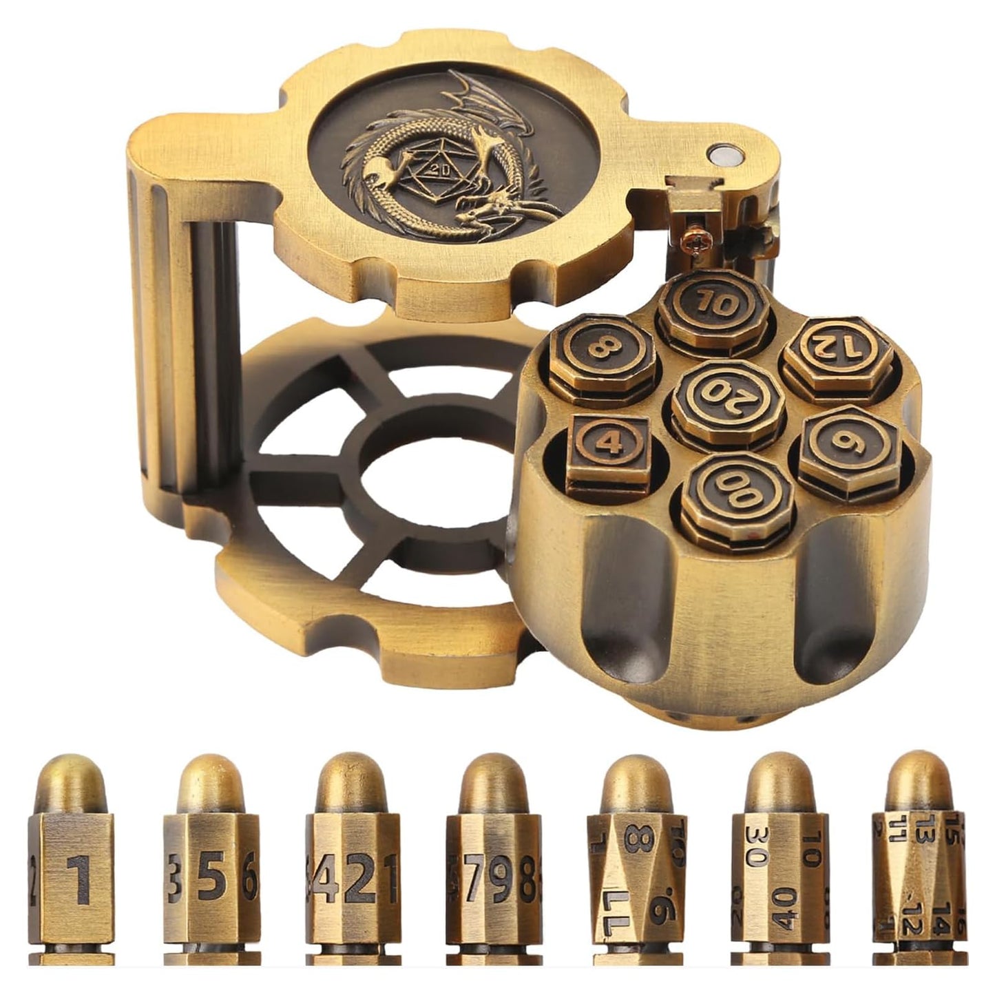 Bullet Dice Set – 7 Metal Dice with Revolver