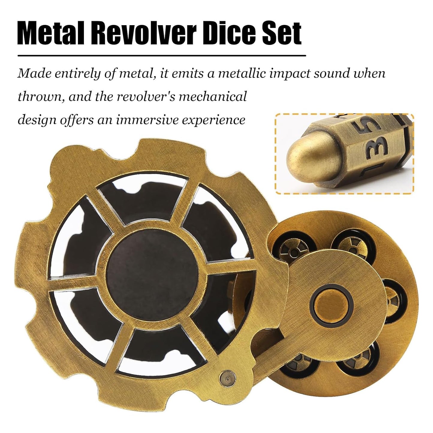Bullet Dice Set – 7 Metal Dice with Revolver