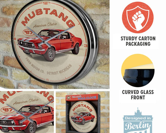 Art Retro Wall Clock, Ford Mustang GT 1967 Red