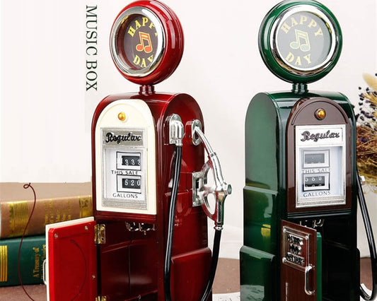 Retro Gas Station Music Box, Hand Crank (Verde)