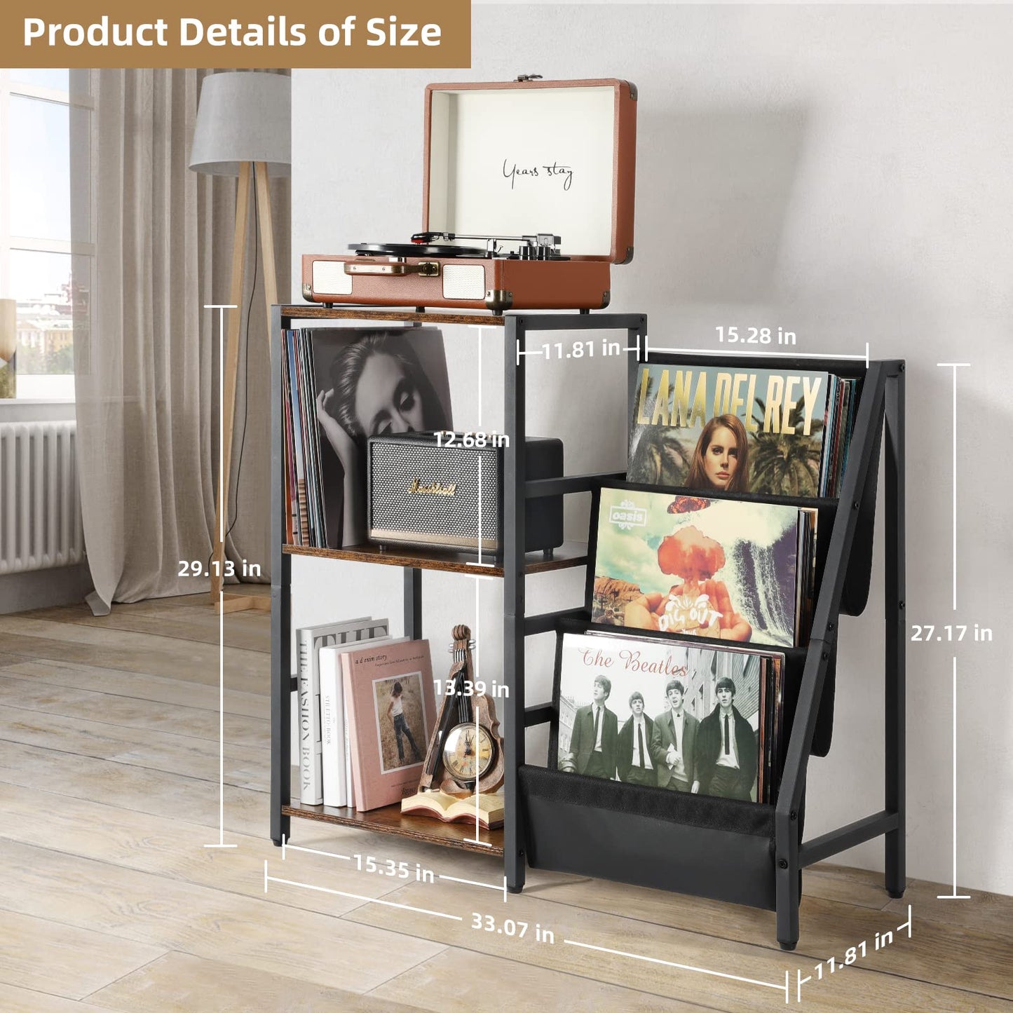 Side table with 3-tier storage for vinyl records