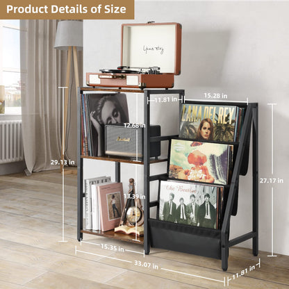 Side table with 3-tier storage for vinyl records