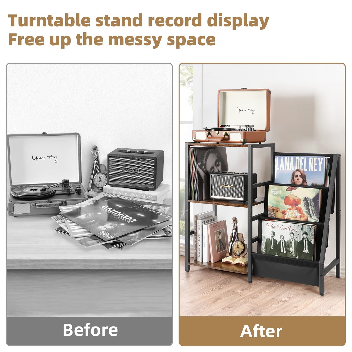 Side table with 3-tier storage for vinyl records