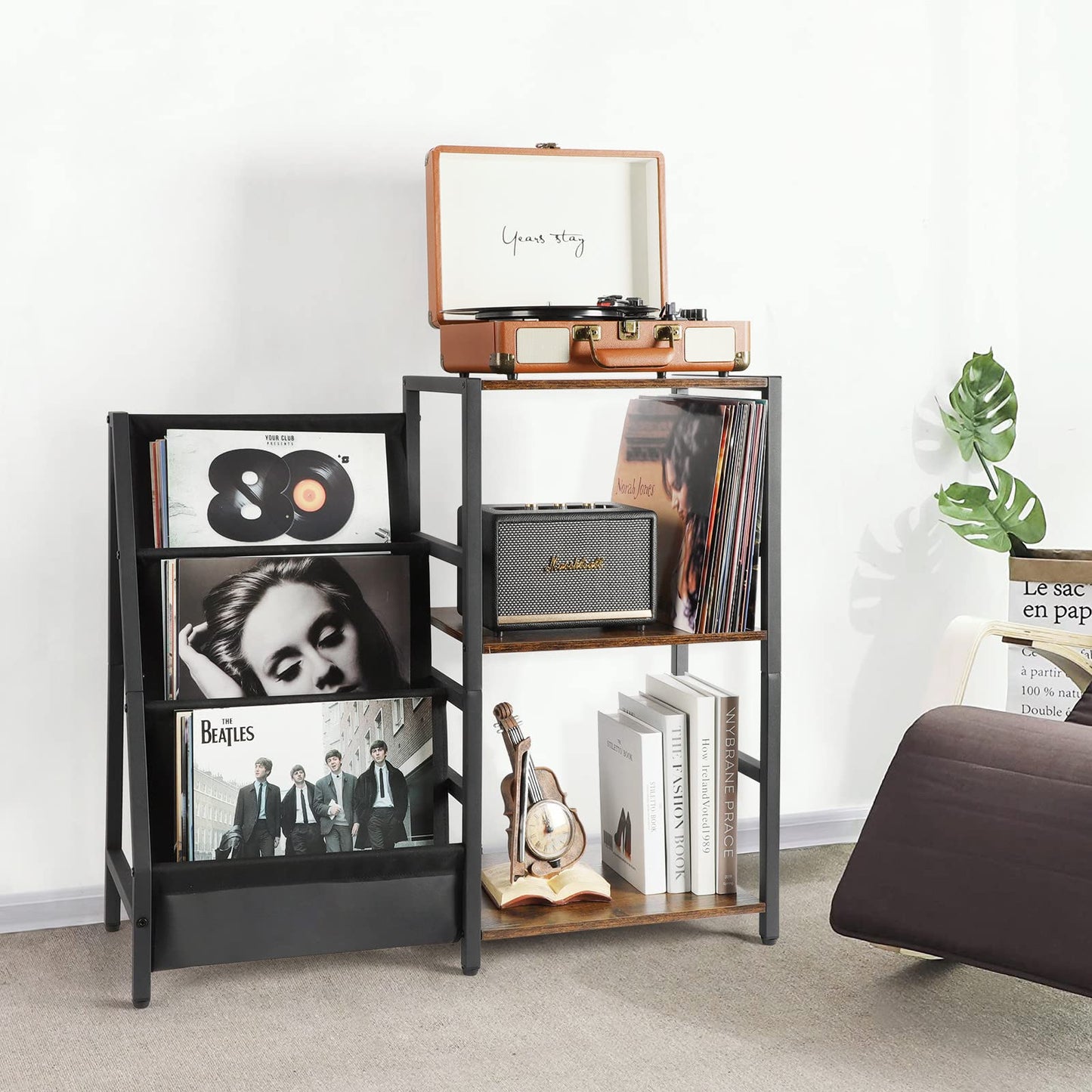 Side table with 3-tier storage for vinyl records