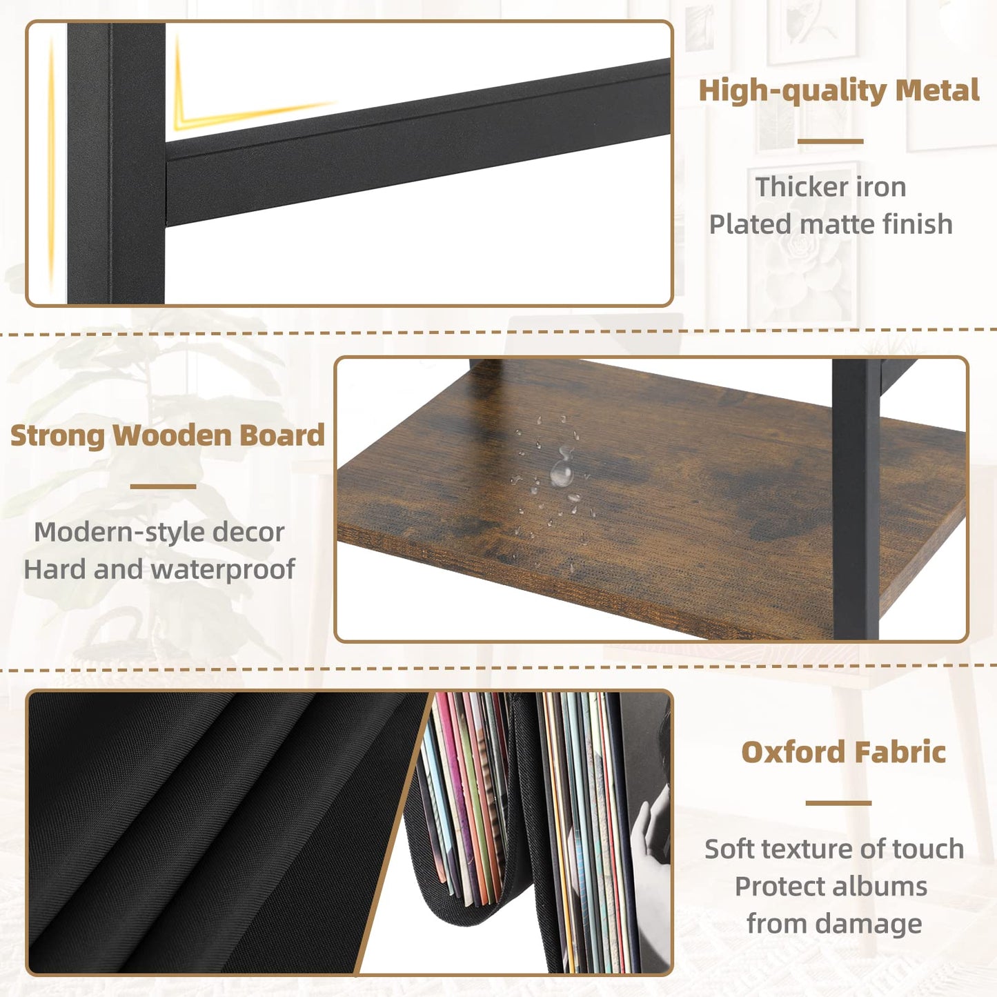 Side table with 3-tier storage for vinyl records
